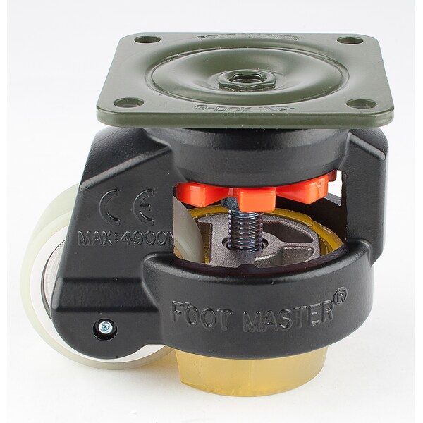 Leveling Caster, 63 mm Polyurethane Wheel, 90x90 mm Plate, Swivel, 550 kg Cap, PU Foot Pad, Black